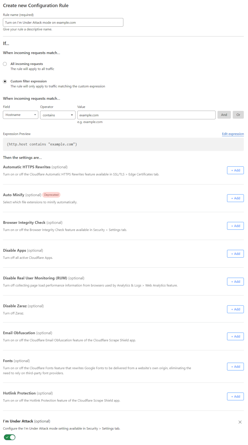 Configuration rule matching the &ldquo;Security Level &gt; I&rsquo;m Under Attack&rdquo; setting of the example Page Rule